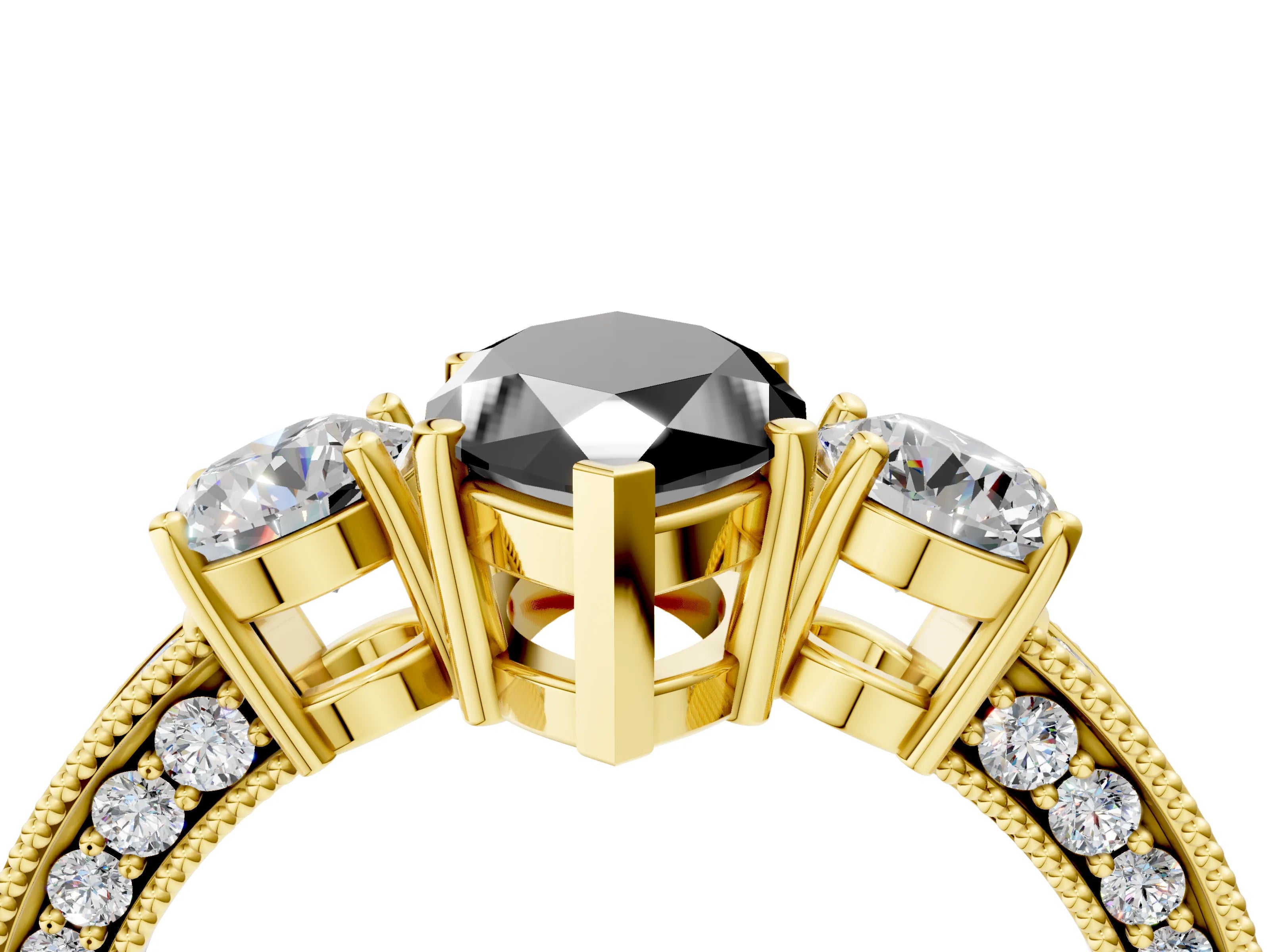 Yellow gold Fancy Black Marquise Cut Three-Stone Diamond Ring with Pavé Band and Four-Prong Setting_4