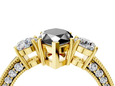 Yellow gold Fancy Black Marquise Cut Three-Stone Diamond Ring with Pavé Band and Four-Prong Setting_4