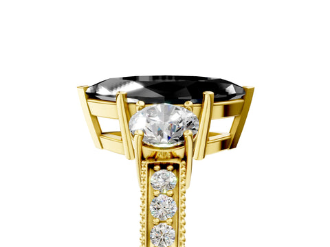 Yellow gold Fancy Black Marquise Cut Three-Stone Diamond Ring with Pavé Band and Four-Prong Setting_5