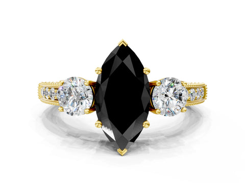 Yellow gold Fancy Black Marquise Cut Three-Stone Diamond Ring with Pavé Band and Four-Prong Setting