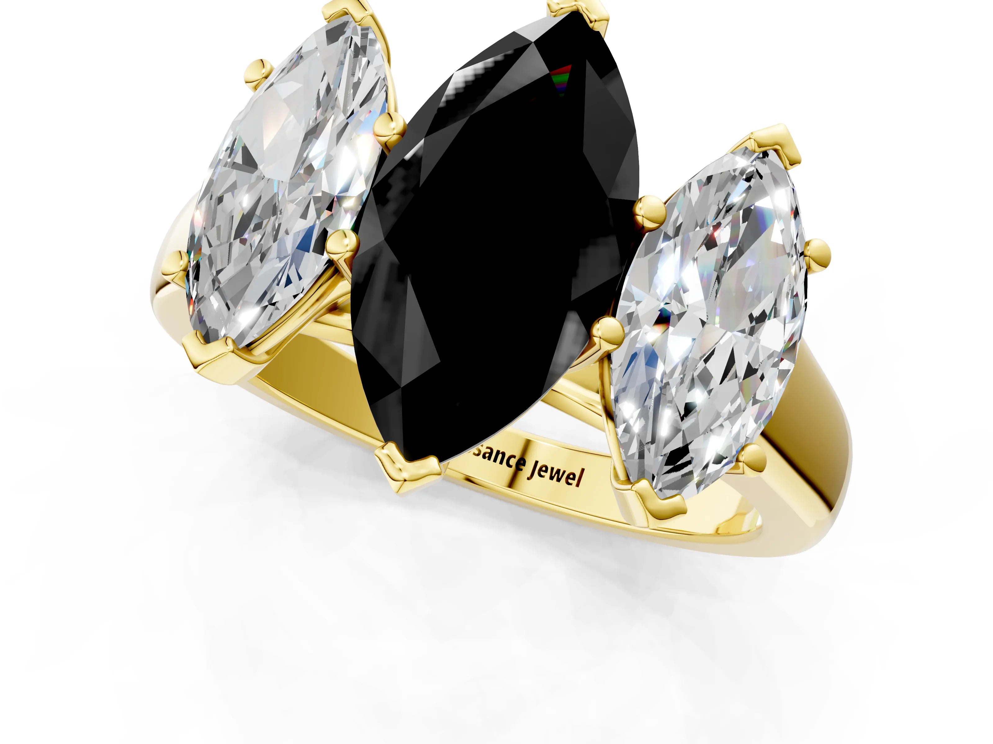 Yellow gold Fancy Black Marquise Cut Three-Stone Diamond Ring with Prong Setting on a Classic Band_1
