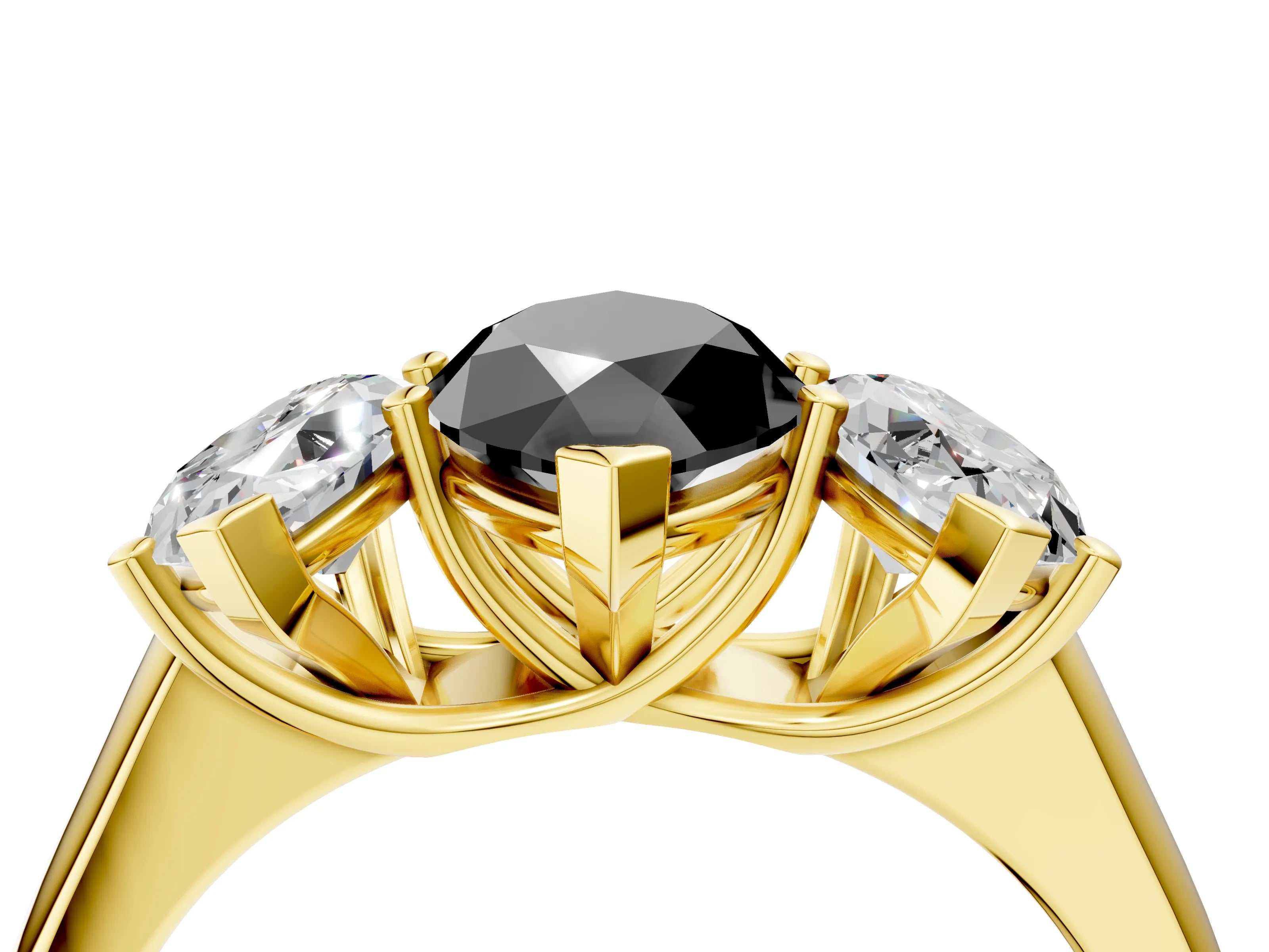 Yellow gold Fancy Black Marquise Cut Three-Stone Diamond Ring with Prong Setting on a Classic Band_4