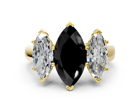 Yellow gold Fancy Black Marquise Cut Three-Stone Diamond Ring with Prong Setting on a Classic Band