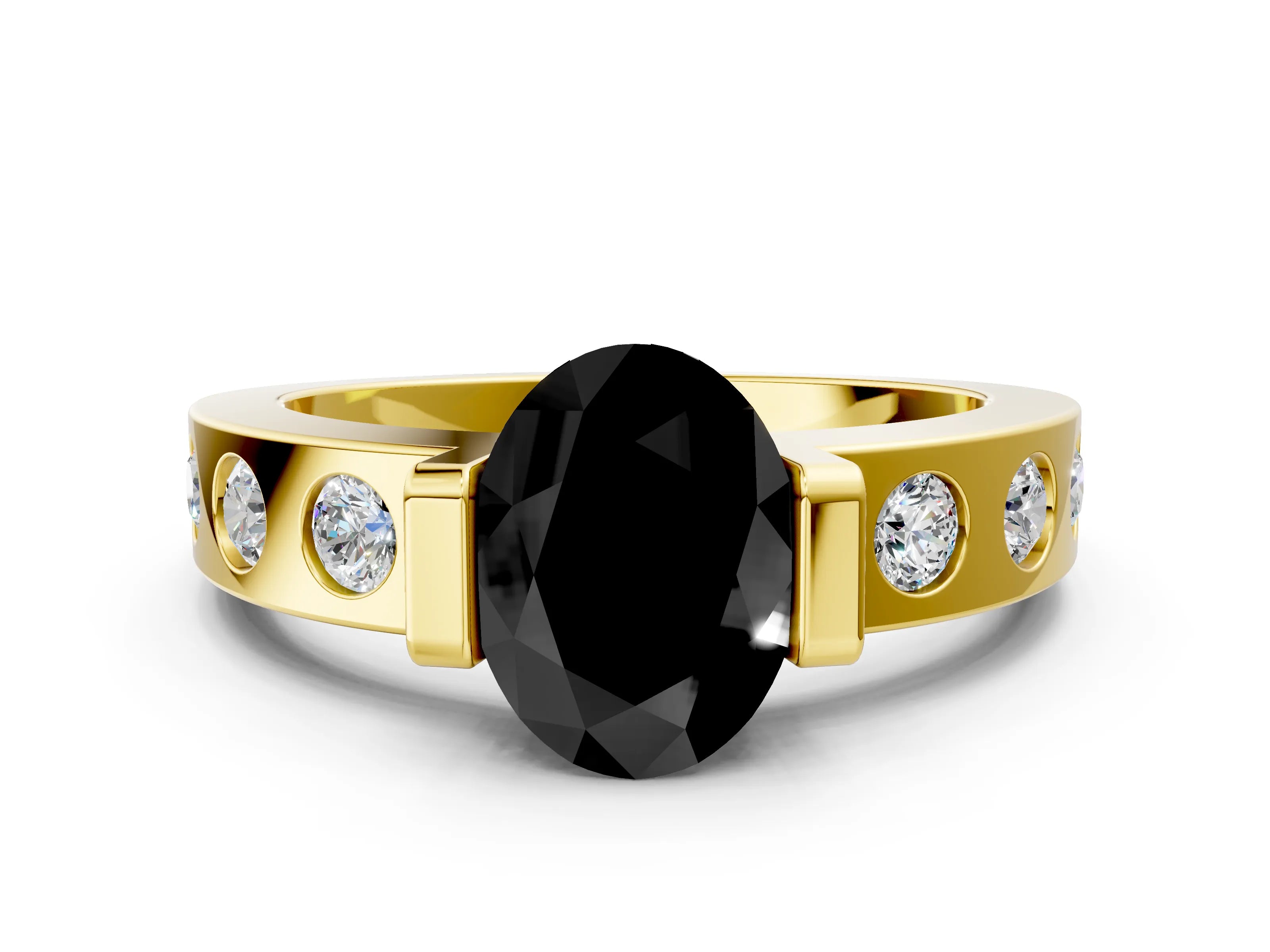 Yellow gold Fancy Black Oval Cut Brilliant Channel-Set Diamond Ring with Bezel Prong Setting