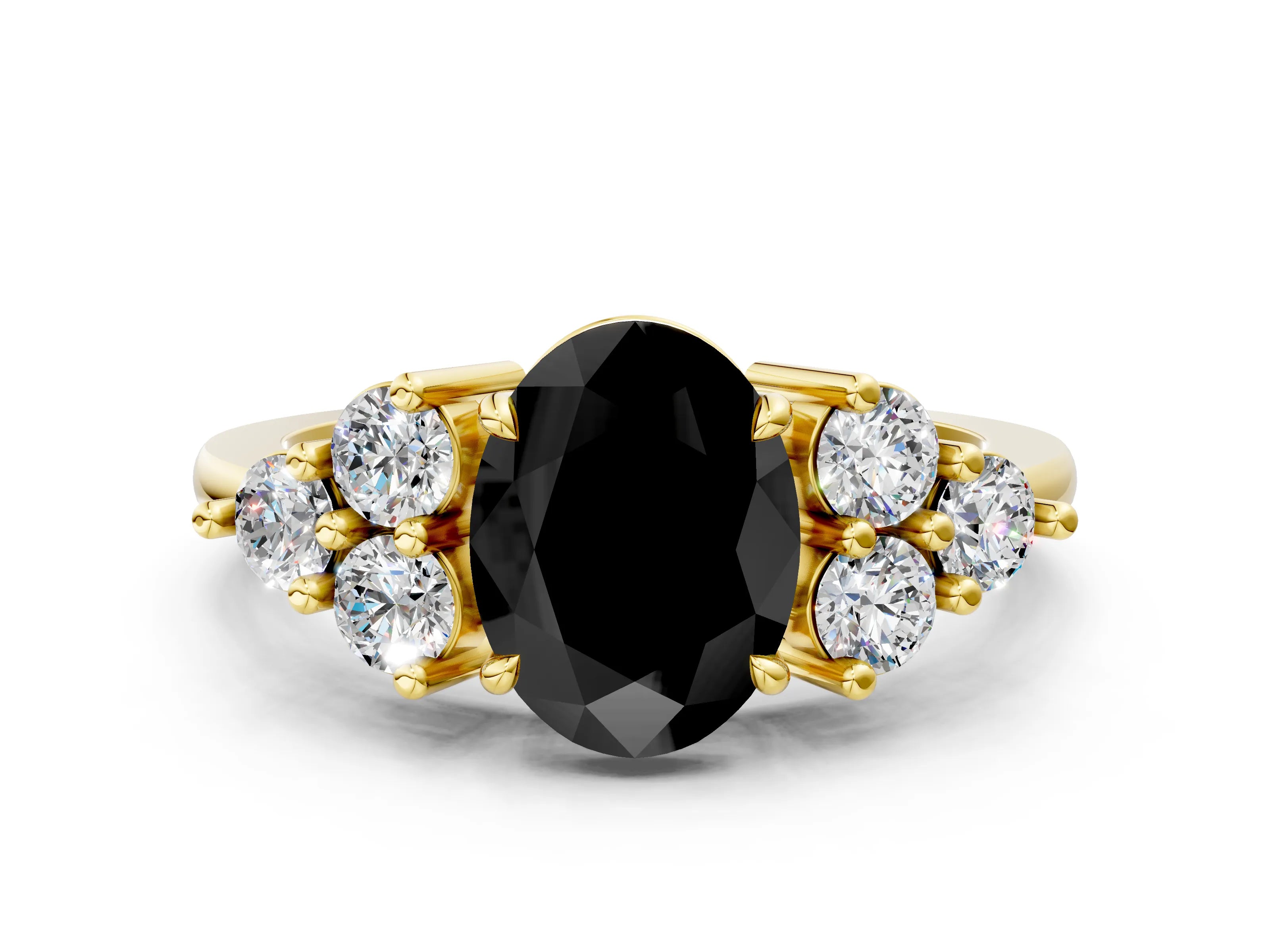 Yellow gold Fancy Black Oval Cut Brilliant Diamond Cluster Accent Solitaire Ring with Prong Setting