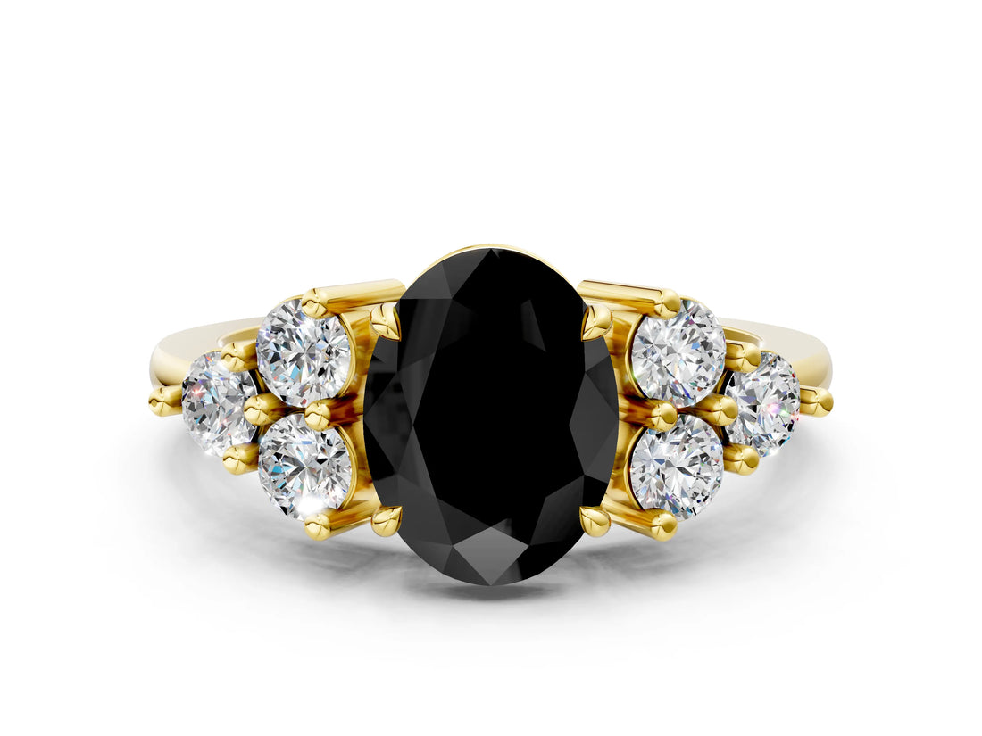 Yellow gold Fancy Black Oval Cut Brilliant Diamond Cluster Accent Solitaire Ring with Prong Setting