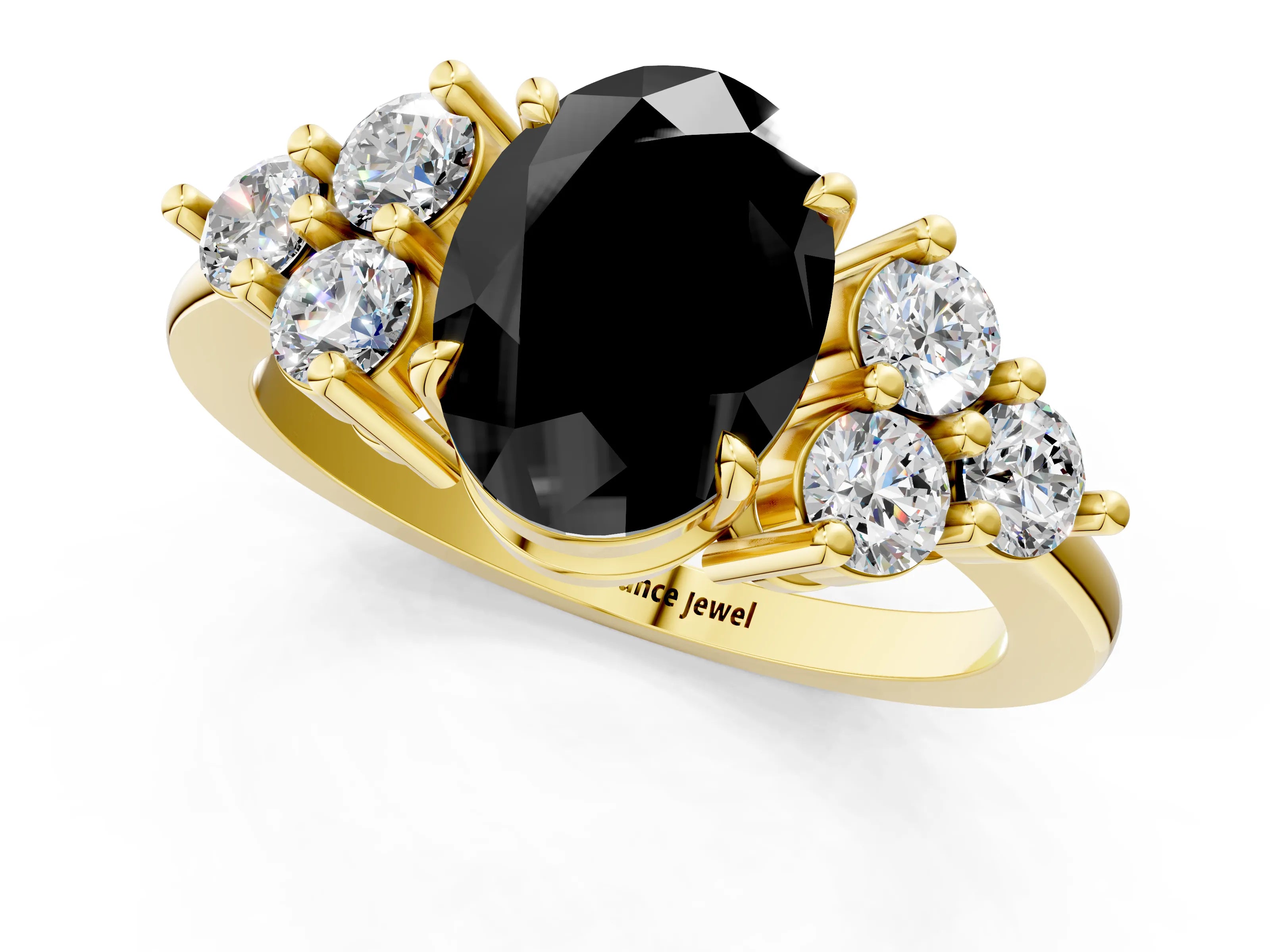 Yellow gold Fancy Black Oval Cut Brilliant Diamond Cluster Accent Solitaire Ring with Prong Setting_1