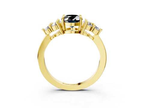 Yellow gold Fancy Black Oval Cut Brilliant Diamond Cluster Accent Solitaire Ring with Prong Setting_3