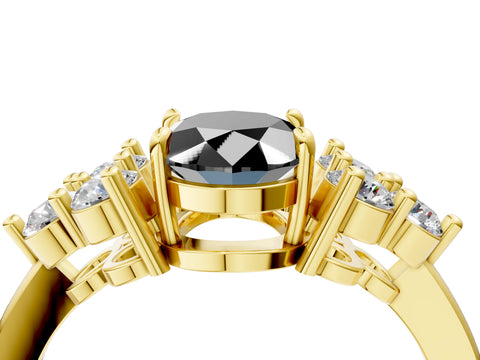 Yellow gold Fancy Black Oval Cut Brilliant Diamond Cluster Accent Solitaire Ring with Prong Setting_4