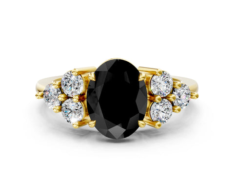 Yellow gold Fancy Black Oval Cut Brilliant Diamond Cluster Accent Solitaire Ring with Prong Setting