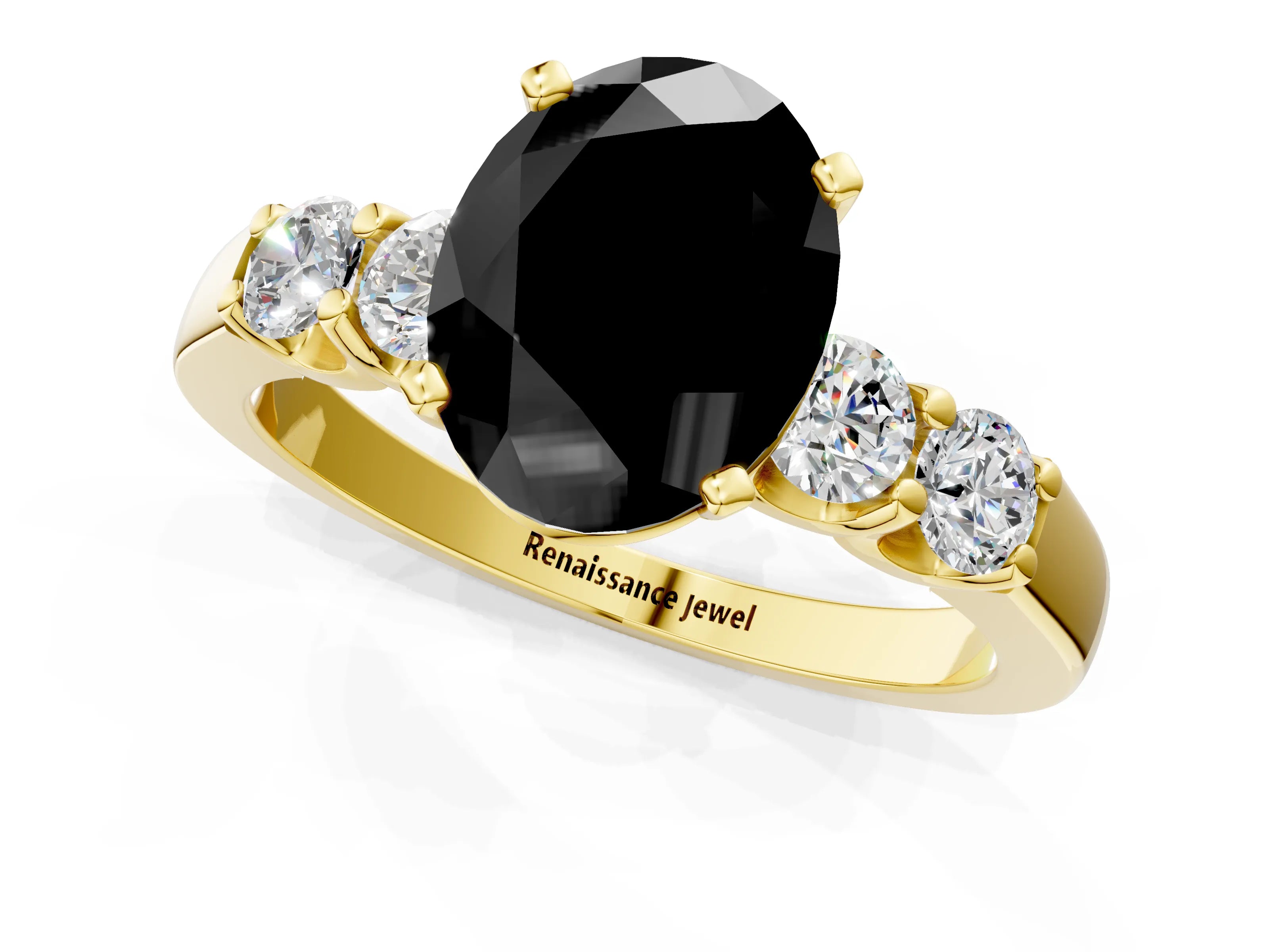Yellow gold Fancy Black Oval Cut Brilliant Diamond Five-Stone Engagement Ring with Prong Setting on a Classic Band_4