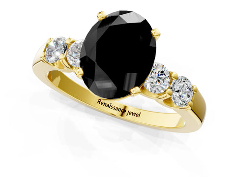 Yellow gold Fancy Black Oval Cut Brilliant Diamond Five-Stone Engagement Ring with Prong Setting on a Classic Band_4