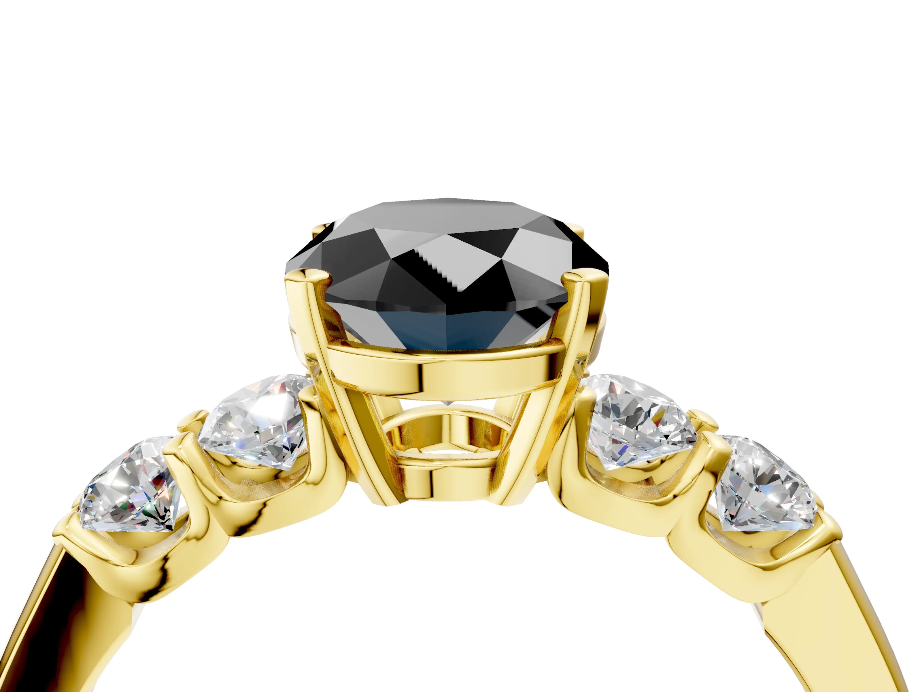 Yellow gold Fancy Black Oval Cut Brilliant Diamond Five-Stone Engagement Ring with Prong Setting on a Classic Band_7