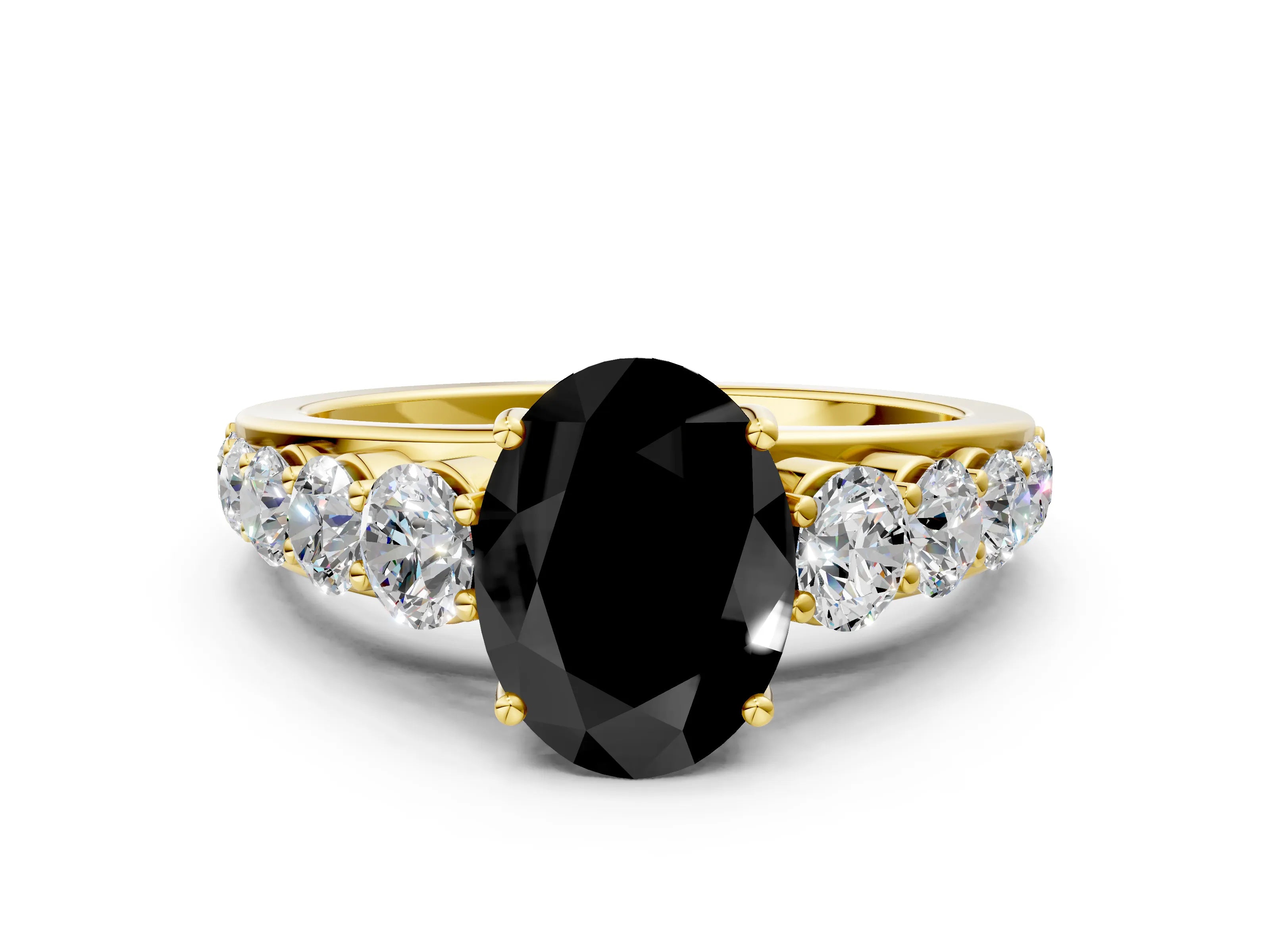Yellow gold Fancy Black Oval Cut Brilliant Diamond Pavé Band with Six-Prong Setting