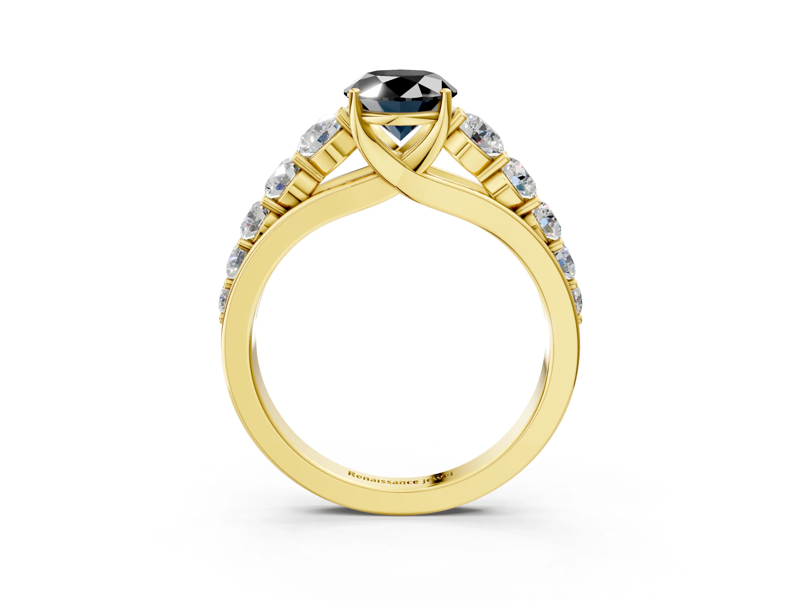 Yellow gold Fancy Black Oval Cut Brilliant Diamond Pavé Band with Six-Prong Setting_3