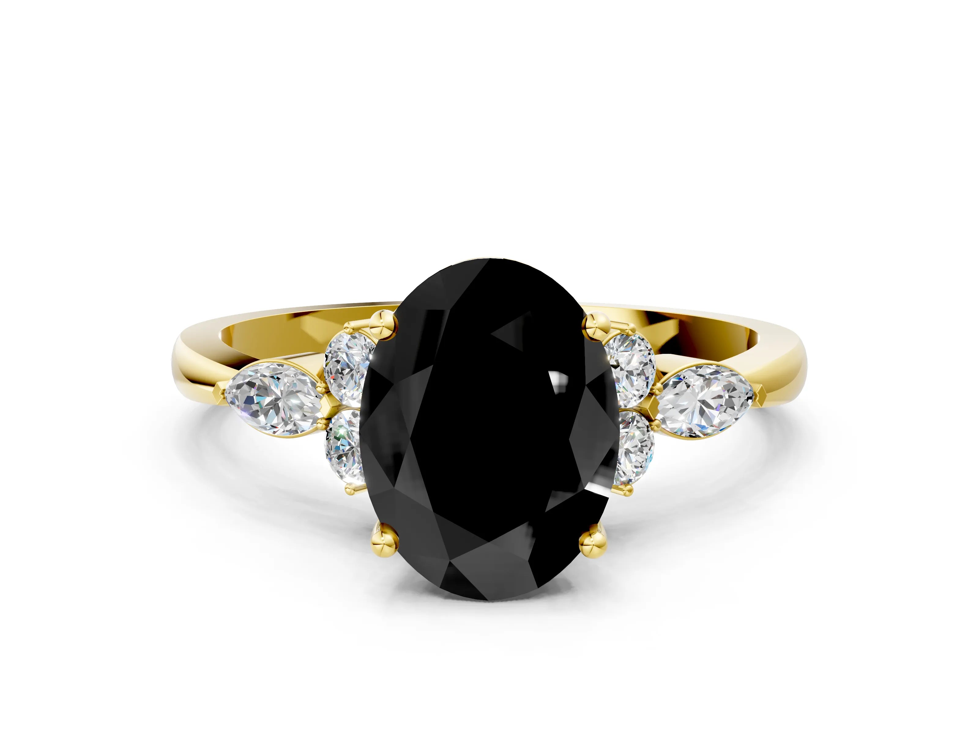 Yellow gold Fancy Black Oval Cut Brilliant Diamond Solitaire Ring with Pear Side Stones and Four-Prong Setting_3