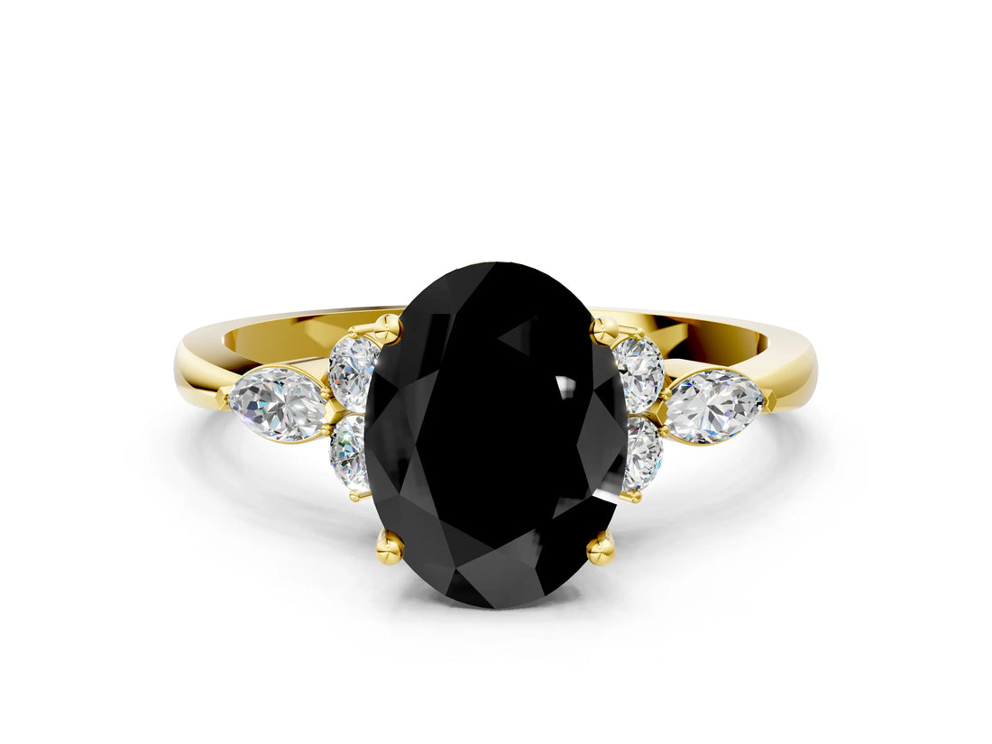 Yellow gold Fancy Black Oval Cut Brilliant Diamond Solitaire Ring with Pear Side Stones and Four-Prong Setting_3