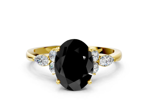 Yellow gold Fancy Black Oval Cut Brilliant Diamond Solitaire Ring with Pear Side Stones and Four-Prong Setting_3