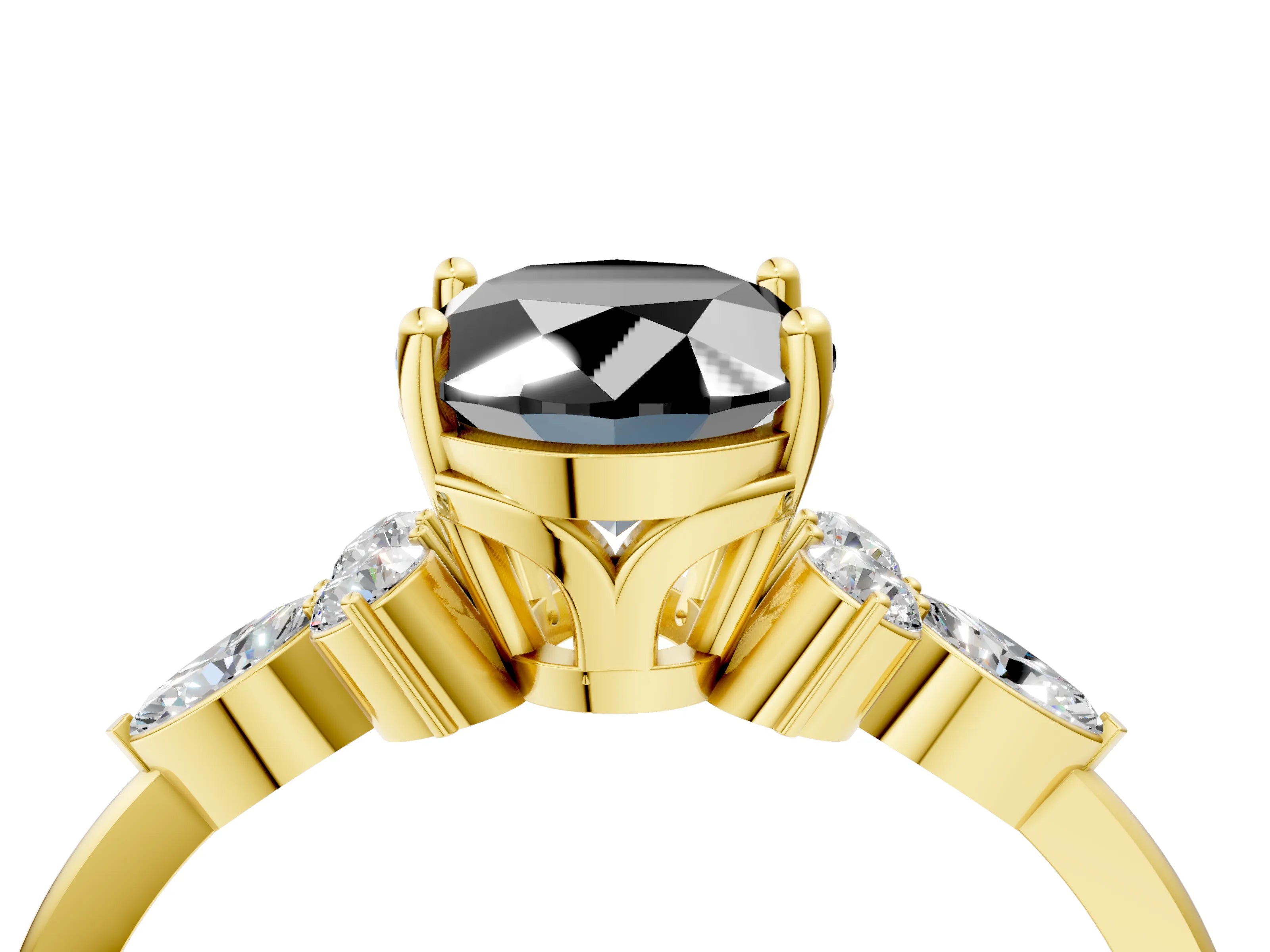 Yellow gold Fancy Black Oval Cut Brilliant Diamond Solitaire Ring with Pear Side Stones and Four-Prong Setting_7