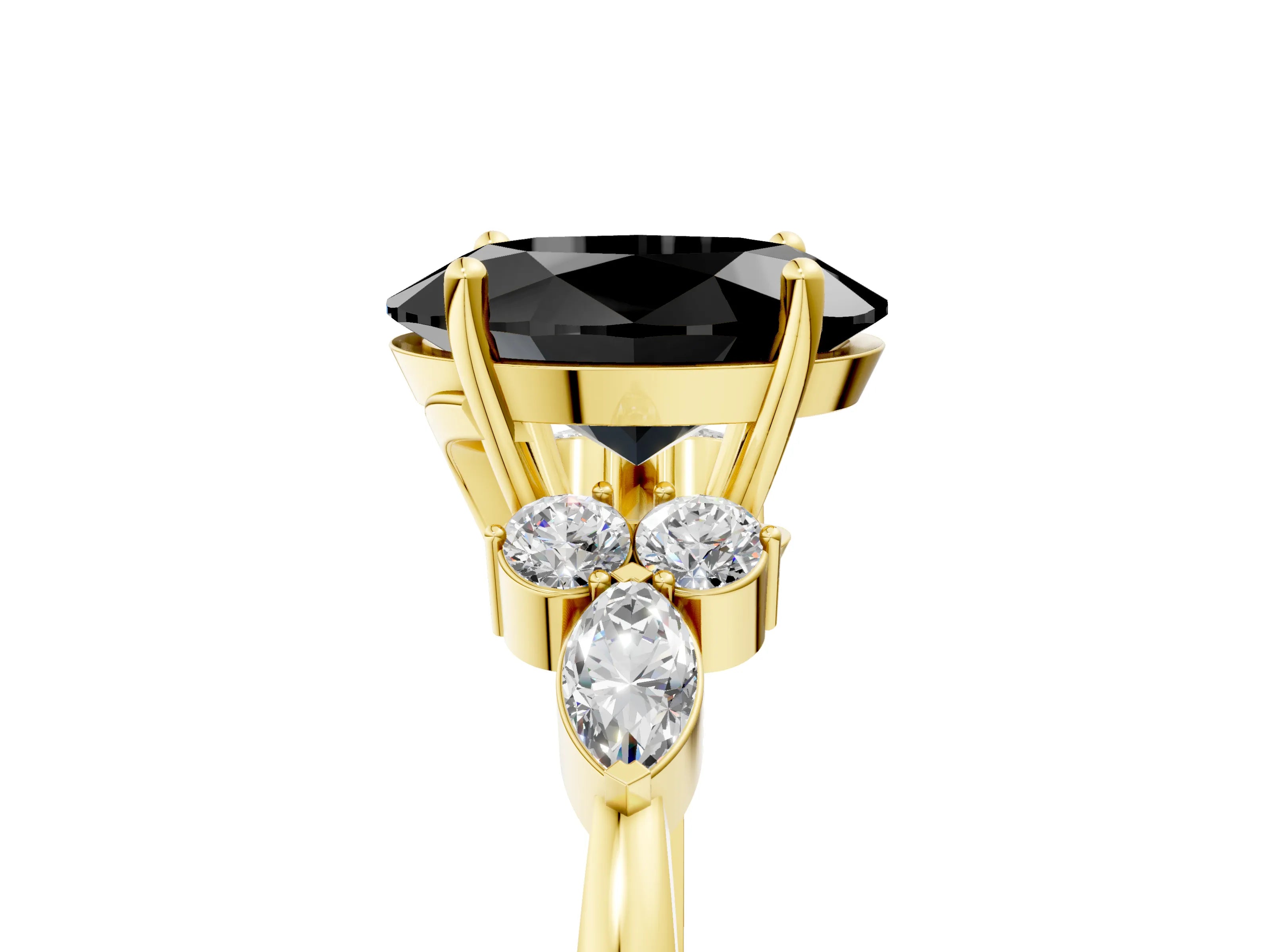 Yellow gold Fancy Black Oval Cut Brilliant Diamond Solitaire Ring with Pear Side Stones and Four-Prong Setting_8