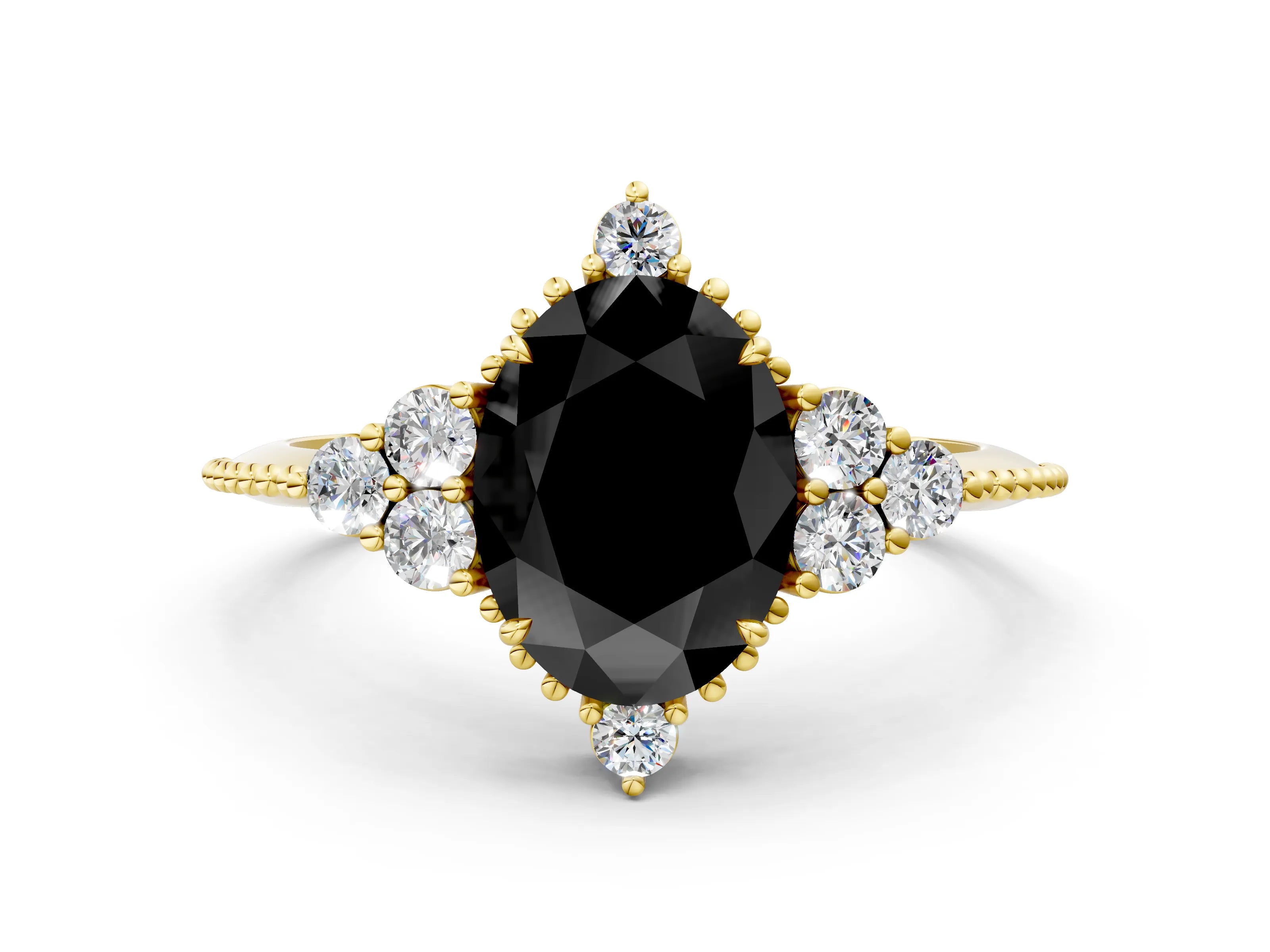 Yellow gold Fancy Black Oval Cut Brilliant Diamond with Cluster Setting on a Beaded Band and Four-Prong Setting