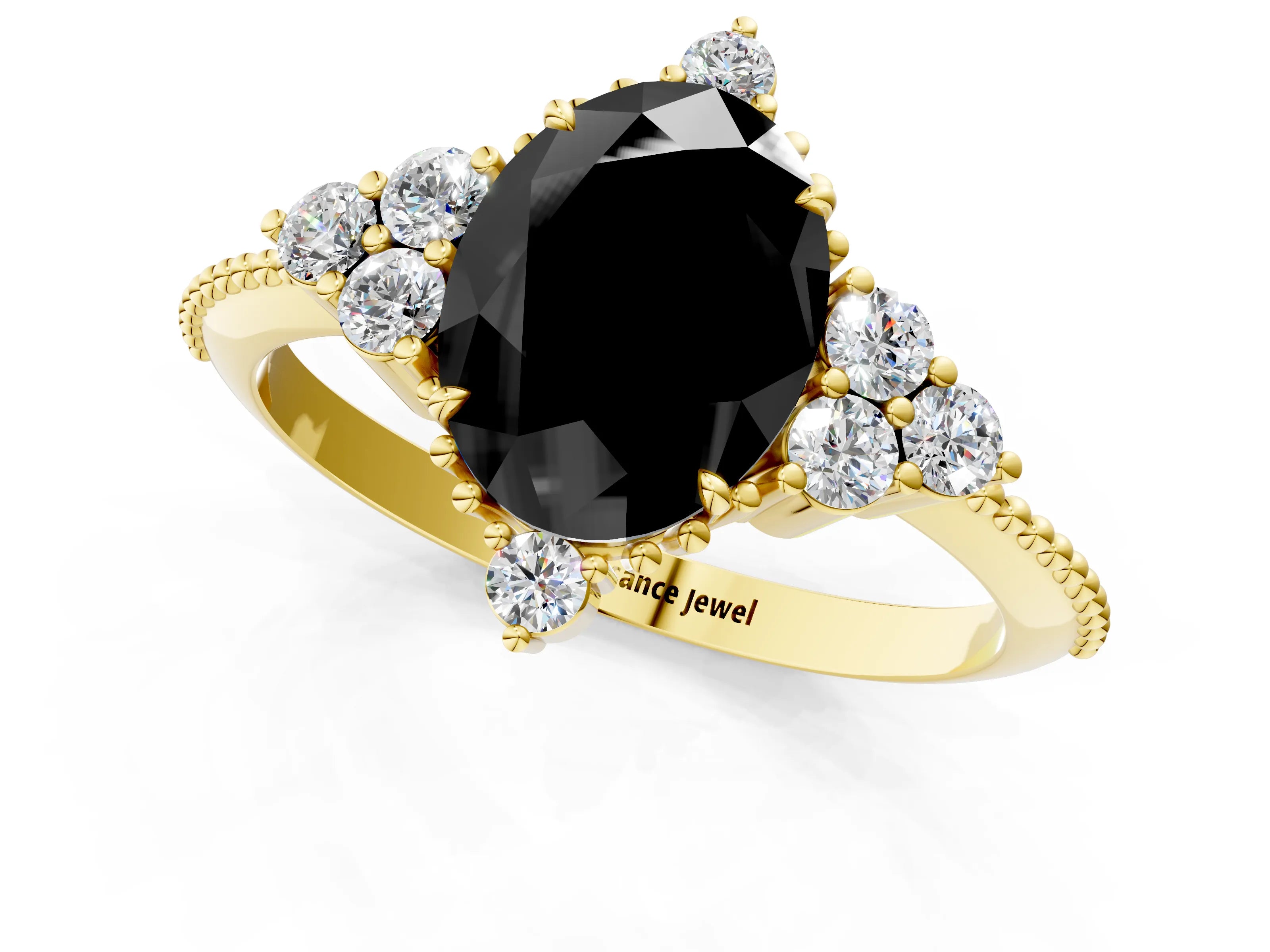 Yellow gold Fancy Black Oval Cut Brilliant Diamond with Cluster Setting on a Beaded Band and Four-Prong Setting_1