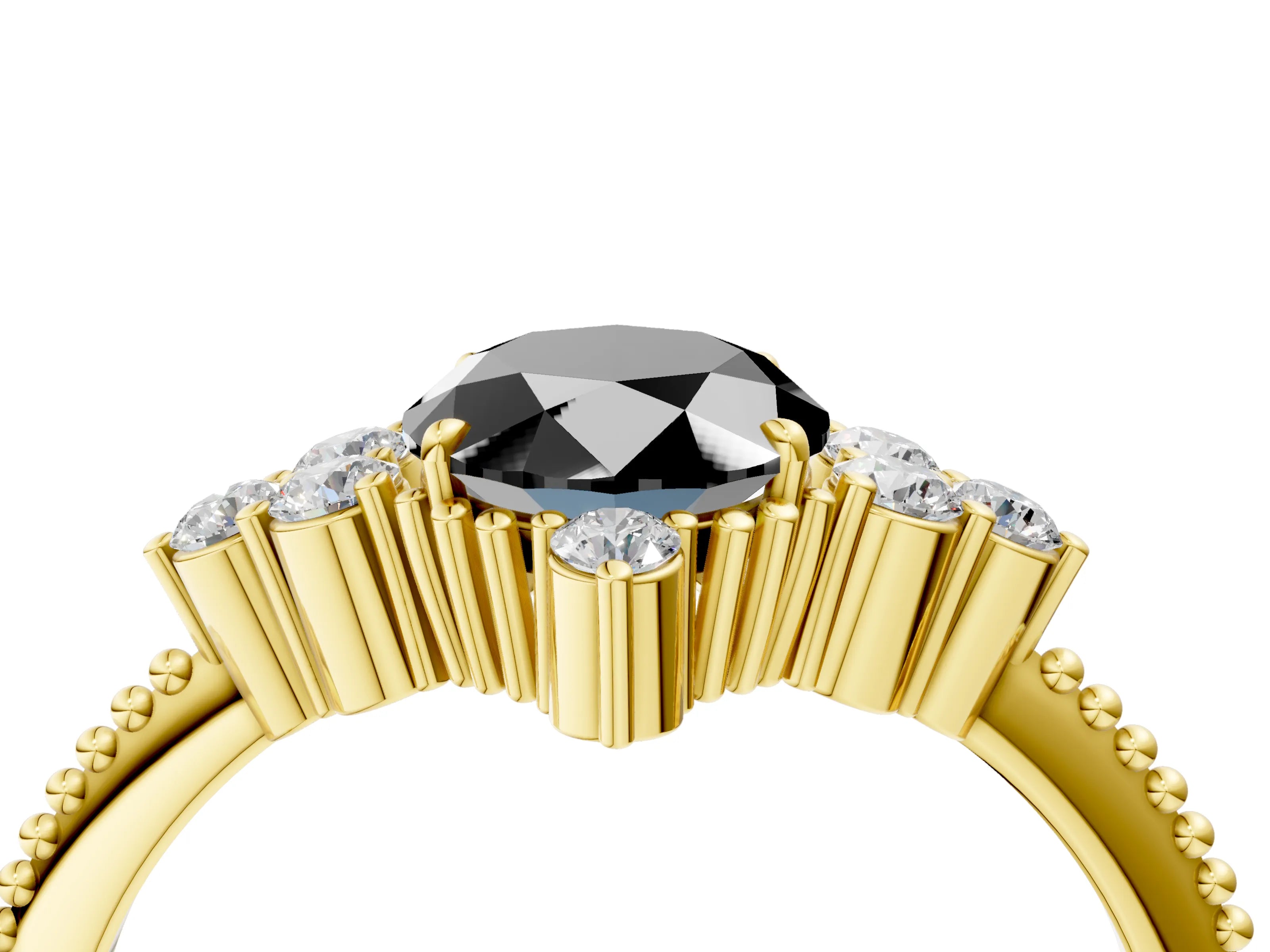 Yellow gold Fancy Black Oval Cut Brilliant Diamond with Cluster Setting on a Beaded Band and Four-Prong Setting_4