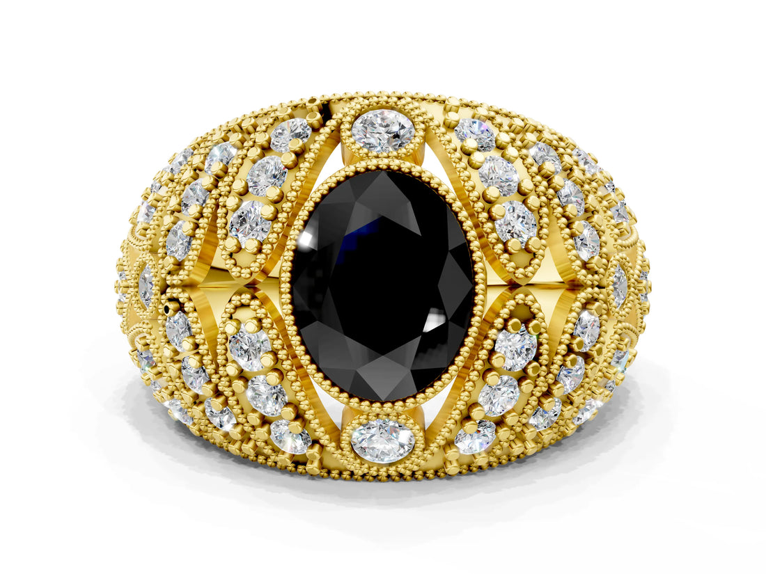 Yellow gold Fancy Black Oval Cut Brilliant Halo Pave Diamond Milgrain Ring