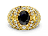 Yellow gold Fancy Black Oval Cut Brilliant Halo Pave Diamond Milgrain Ring