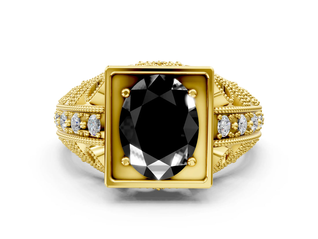 Yellow gold Fancy Black Oval Cut Brilliant Milgrain Filigree Diamond Ring with Square Prong Setting