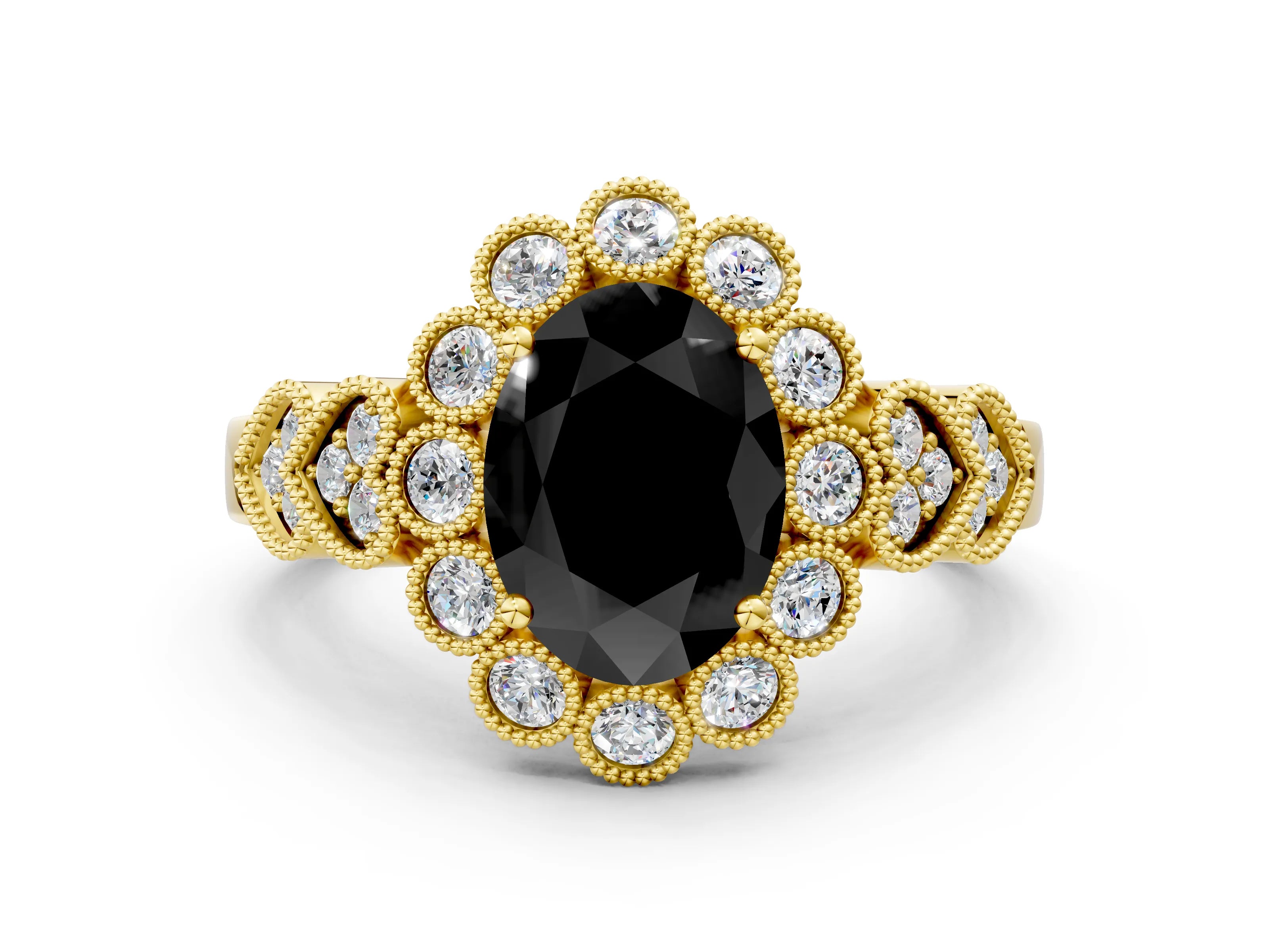 Yellow gold Fancy Black Oval Cut Brilliant Milgrain Pave Heart Band Solitaire Ring