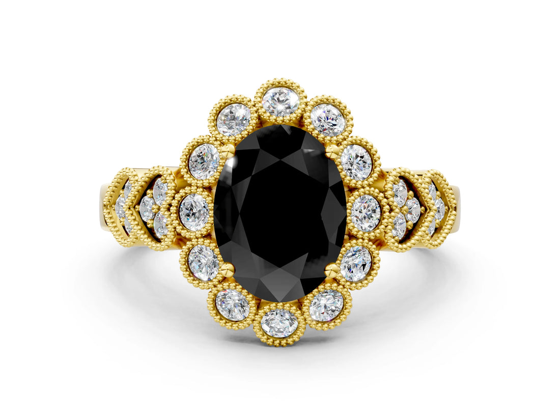 Yellow gold Fancy Black Oval Cut Brilliant Milgrain Pave Heart Band Solitaire Ring
