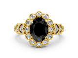 Yellow gold Fancy Black Oval Cut Brilliant Milgrain Pave Heart Band Solitaire Ring