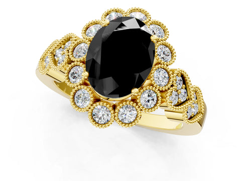 Yellow gold Fancy Black Oval Cut Brilliant Milgrain Pave Heart Band Solitaire Ring_1