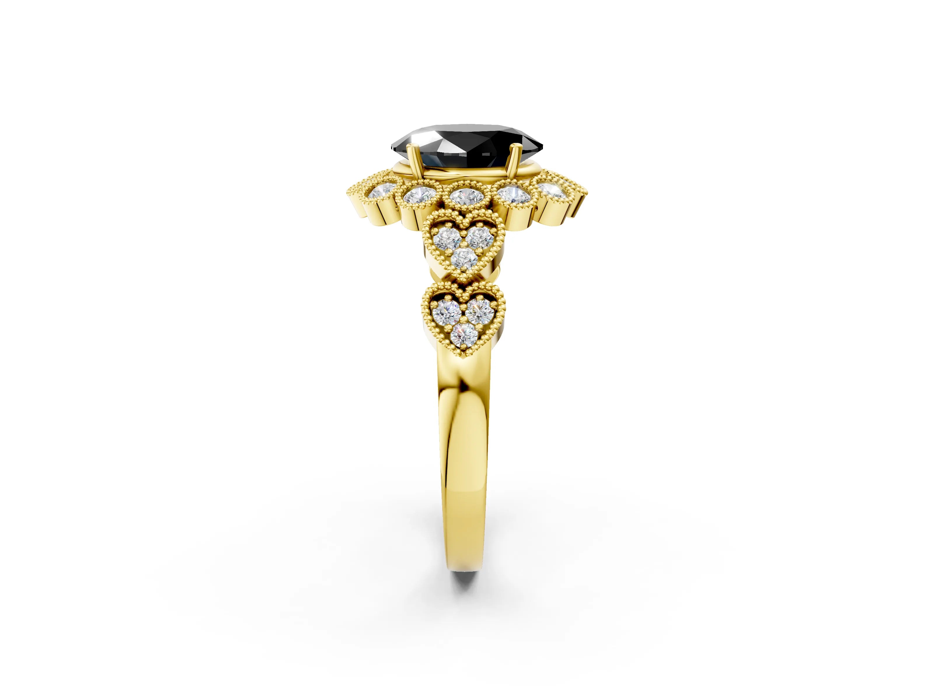 Yellow gold Fancy Black Oval Cut Brilliant Milgrain Pave Heart Band Solitaire Ring_2