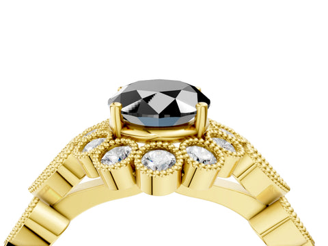 Yellow gold Fancy Black Oval Cut Brilliant Milgrain Pave Heart Band Solitaire Ring_4
