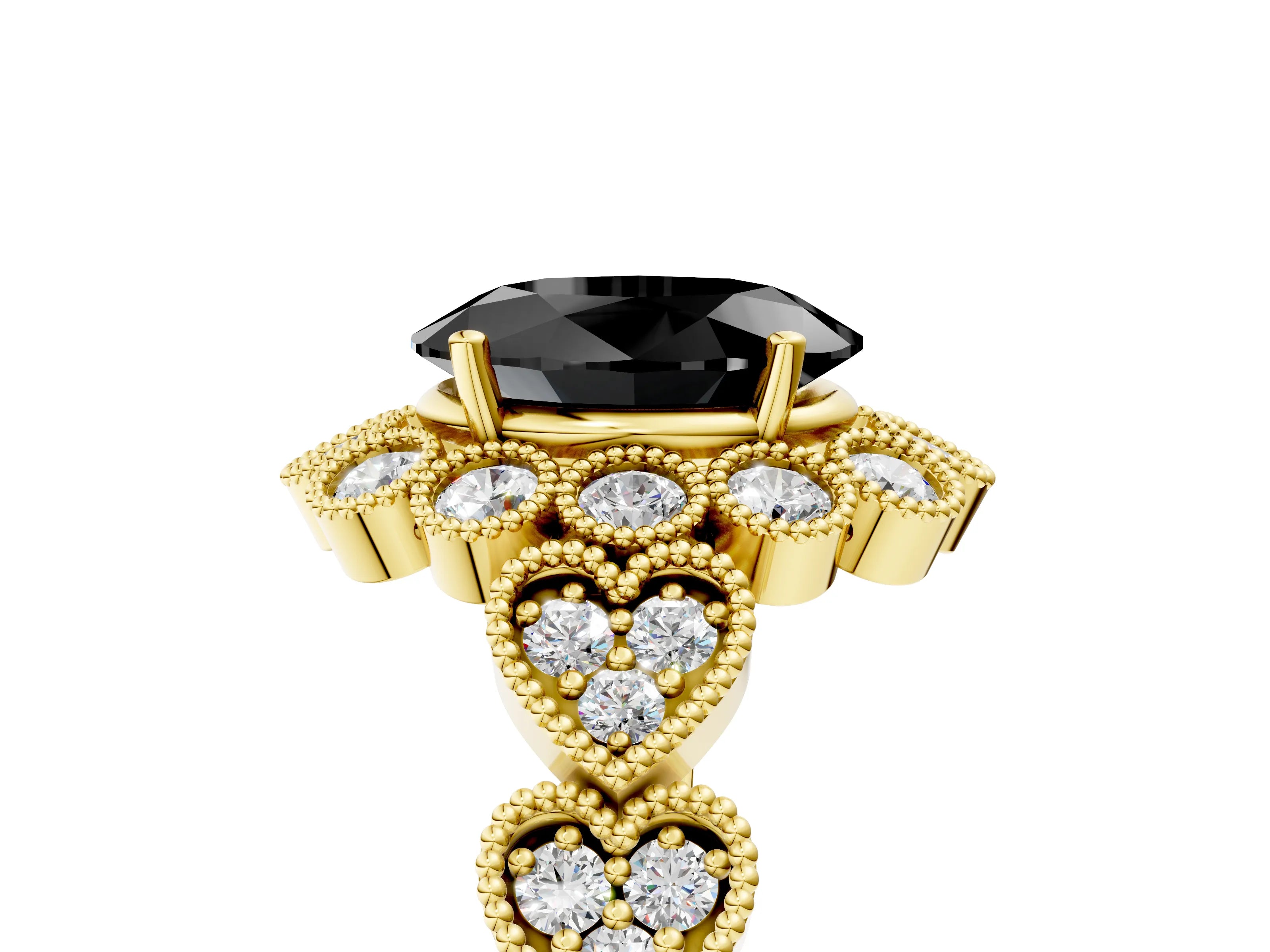 Yellow gold Fancy Black Oval Cut Brilliant Milgrain Pave Heart Band Solitaire Ring_5