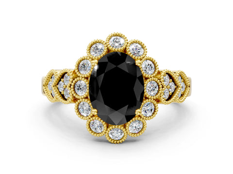 Yellow gold Fancy Black Oval Cut Brilliant Milgrain Pave Heart Band Solitaire Ring