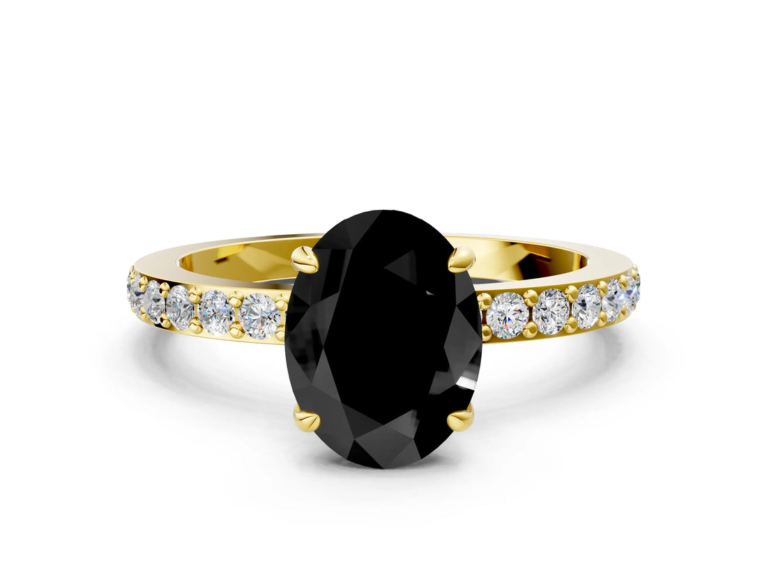 Yellow gold Fancy Black Oval Cut Brilliant Pavé Band Solitaire with Four-Prong Setting