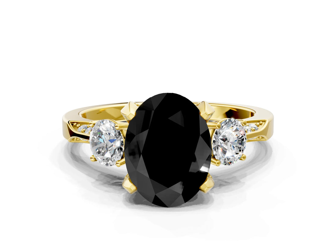 Yellow gold Fancy Black Oval Cut Brilliant Three-Stone Diamond Ring with Pavé Band and Four-Prong Setting_27