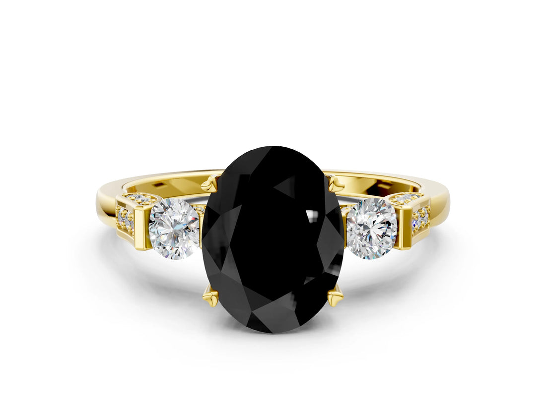 Yellow gold Fancy Black Oval Cut Brilliant Three-Stone Pave Band with Four-Prong Setting