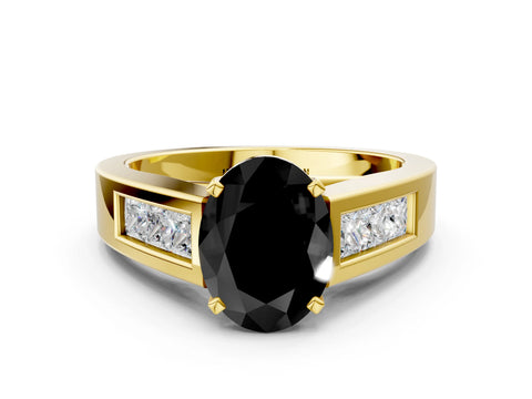 Yellow gold Fancy Black Oval Cut Cut Channel Set Solitaire Ring with Four-Prong Setting