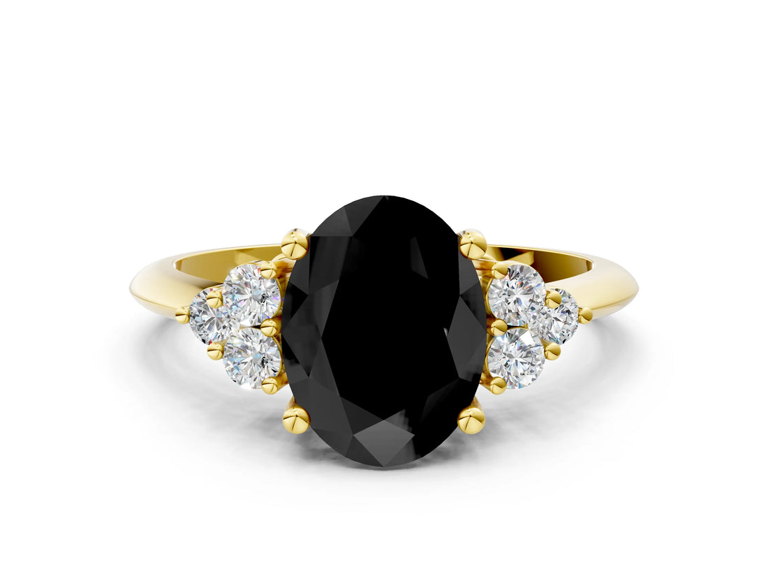 Yellow gold Fancy Black Oval Cut Cut Diamond Cluster Ring with Solitaire Band and Four-Prong Setting