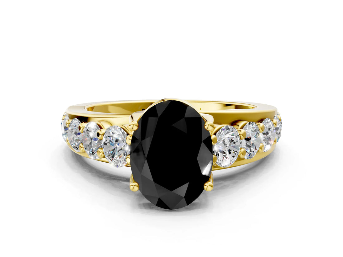 Yellow gold Fancy Black Oval Cut Cut Diamond Engagement Ring with Pavé Band and Four-Prong Setting