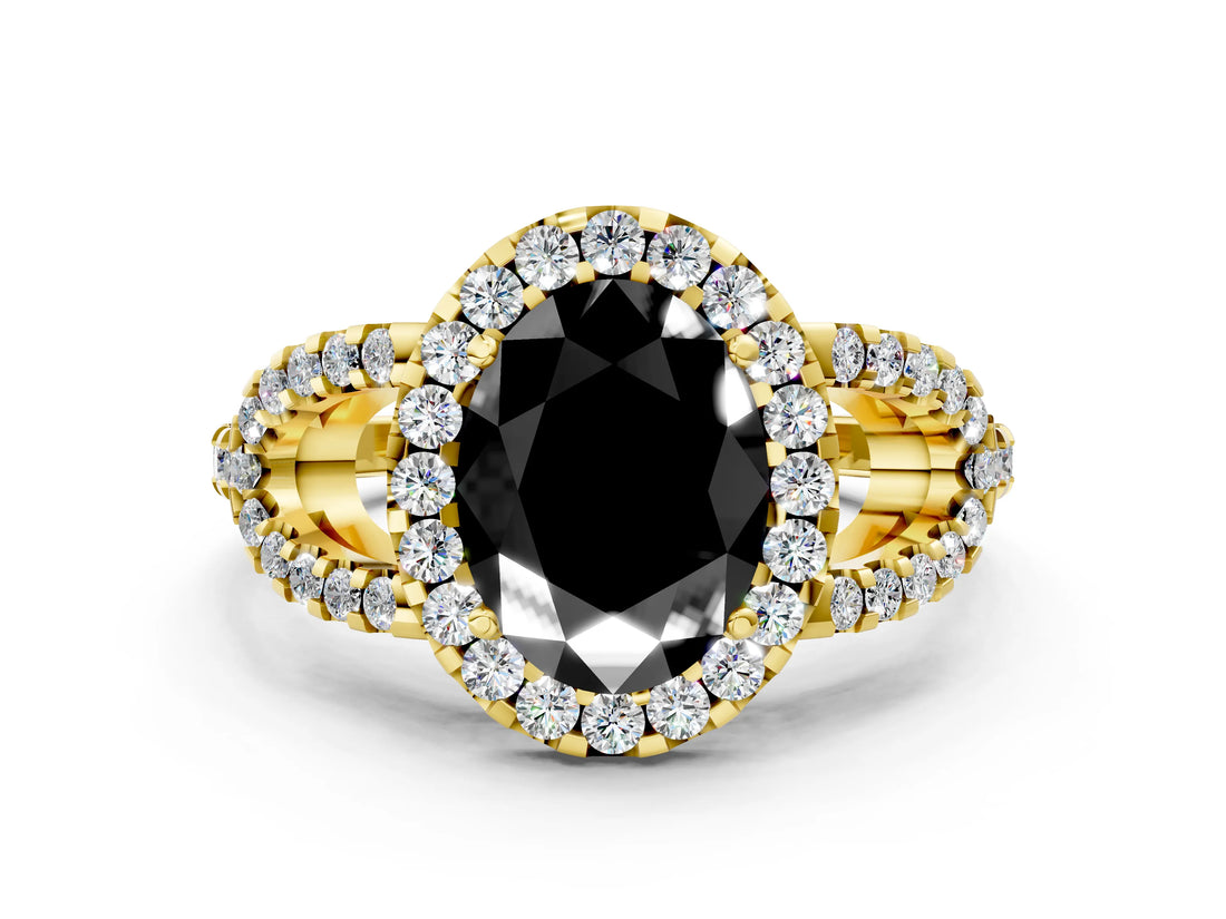 Yellow gold Fancy Black Oval Cut Cut Diamond Halo Engagement Ring with Open Split Pavé Band