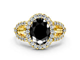 Yellow gold Fancy Black Oval Cut Cut Diamond Halo Engagement Ring with Open Split Pavé Band