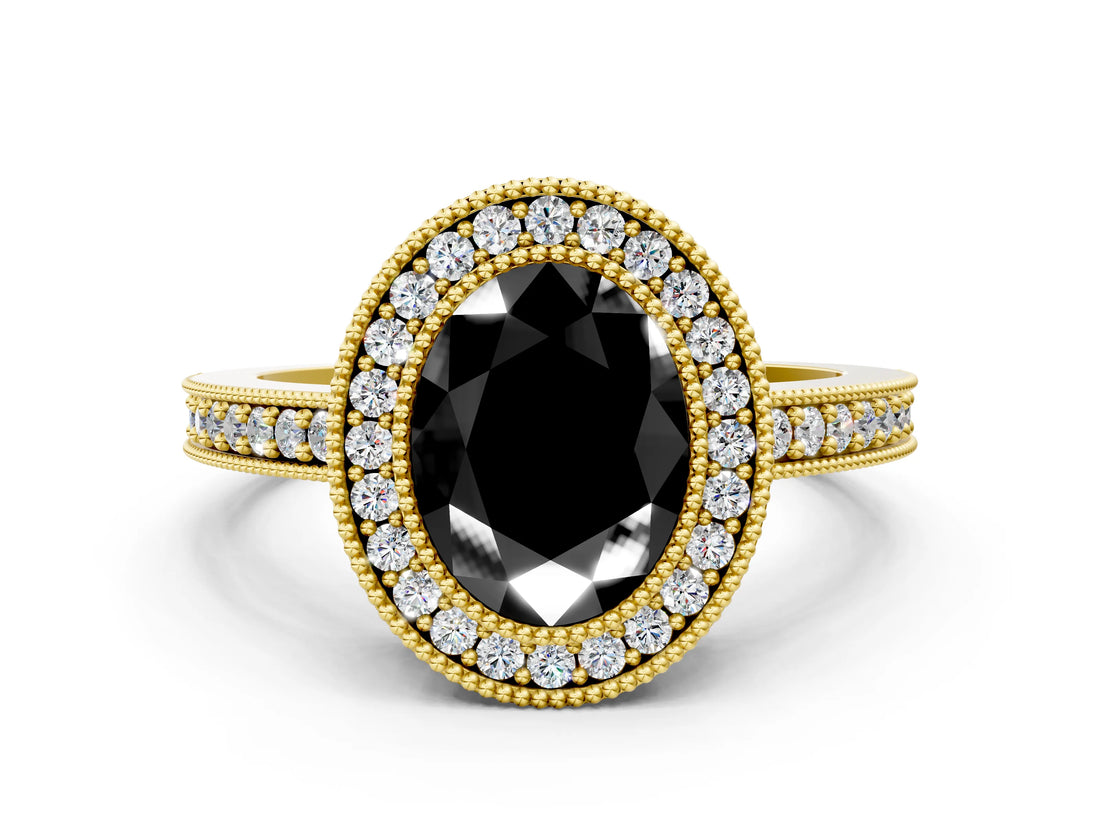 Yellow gold Fancy Black Oval Cut-Cut Diamond Halo Engagement Ring with Pave Band and Prong Setting