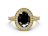 Yellow gold Fancy Black Oval Cut-Cut Diamond Halo Engagement Ring with Pave Band and Prong Setting