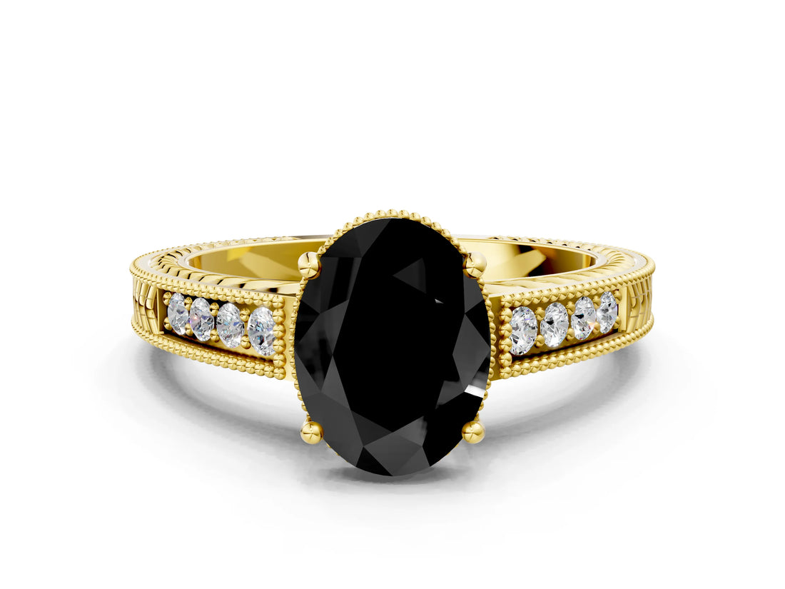 Yellow gold Fancy Black Oval Cut Cut Diamond Milgrain Pave Band Four-Prong Setting Ring_3