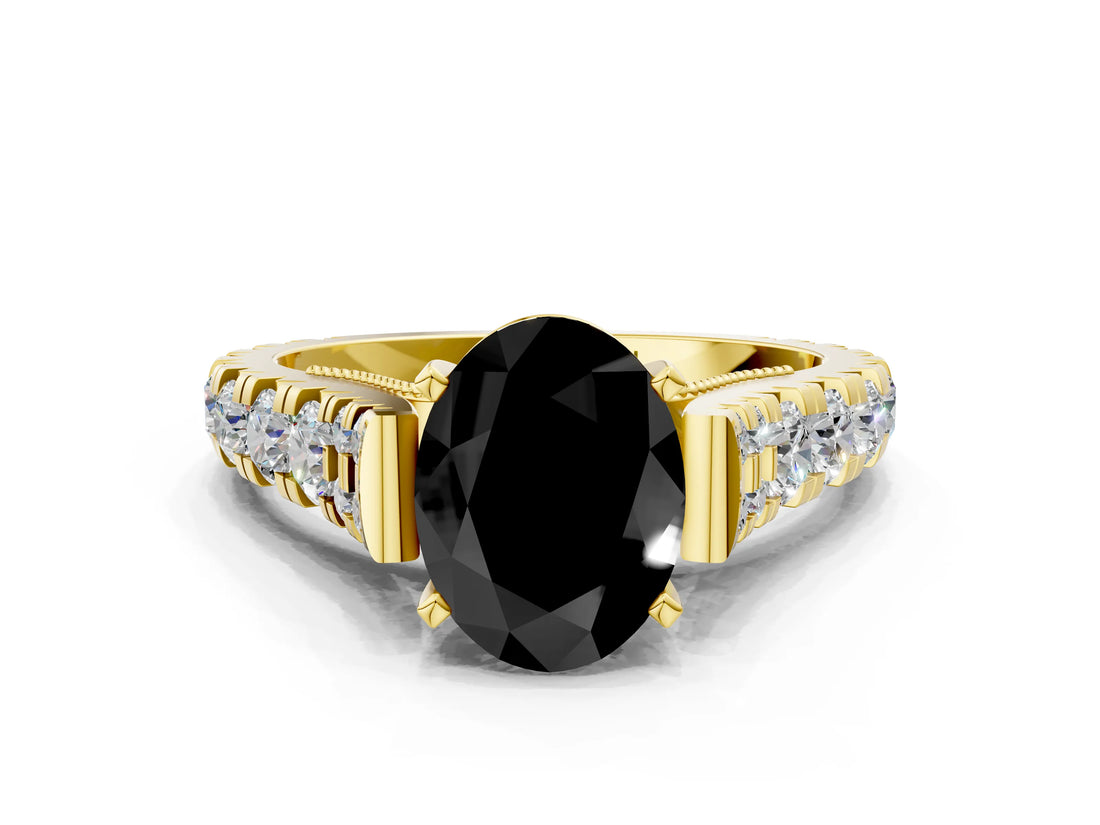 Yellow gold Fancy Black Oval Cut Cut Diamond Pavé Band Solitaire with Four-Prong Setting